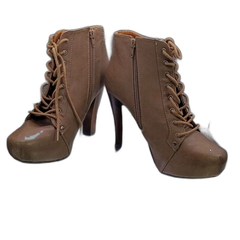 Charlotte Russe Taupe Lace-Up Platform Ankle Booties Side Zip Sz 10
